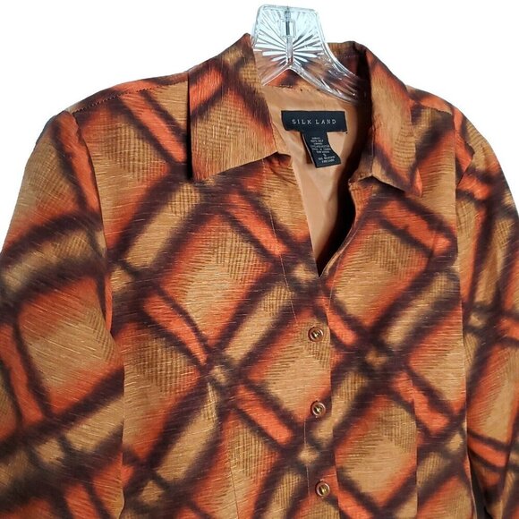 Vintage Silk Land Tie Dye Look Blouse Top S Brown Orange 3/4 Sleeve Belted Artsy - Picture 3 of 7